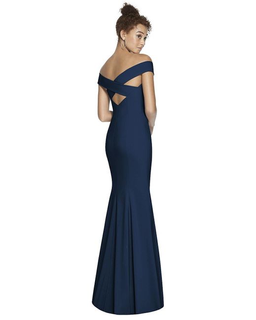 Dessy Collection Blue Off-the-shoulder Criss Cross Back Trumpet Gown