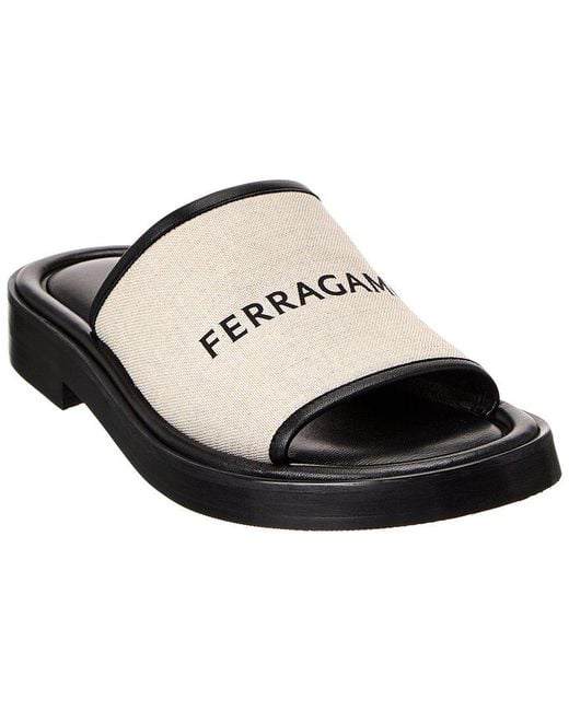 Ferragamo Black Canvas & Leather Slide