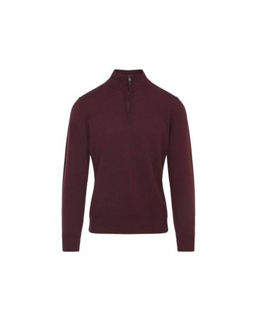 Canali Men's Purple Burgundy Virgin Wool Half Zip High Neck Sweater