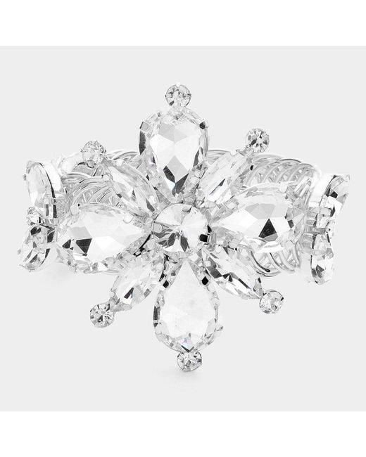Fashnzfab Metallic Teardrop Marquise Glass Stone Cluster Flower Pointed Adjustable Evening Bracelet Arm Cuff Clear