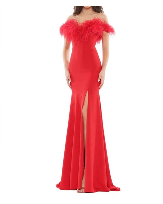Colors Dress Red Feather Trimmed High Slit Gown