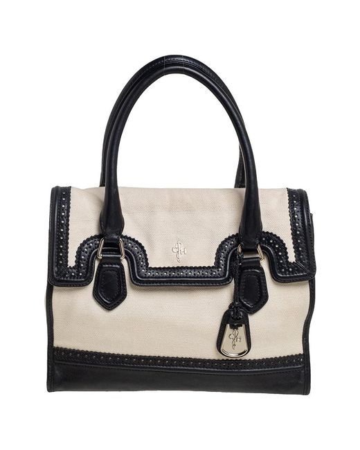 Cole Haan Black Canvas And Wingtip Leather Flap Brooke Tote