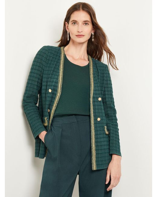 Misook Green Tailored Intarsia Knit Metallic Accent Jacket