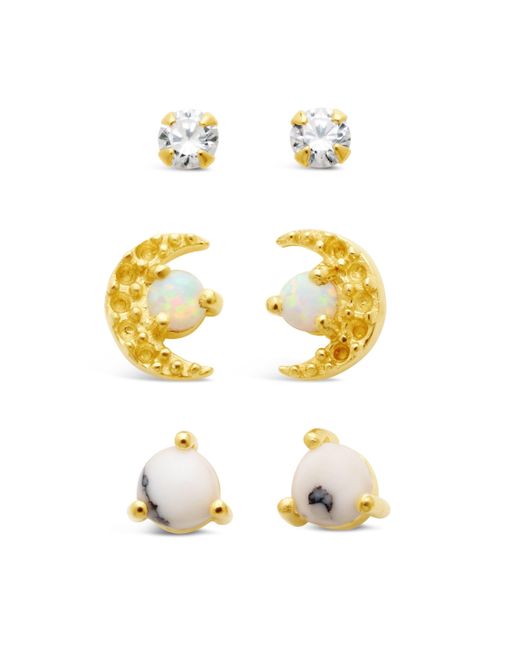 Sterling Forever Metallic Sterling Cz, Marble, & Opal Crescent Stud Earring Set Of 3
