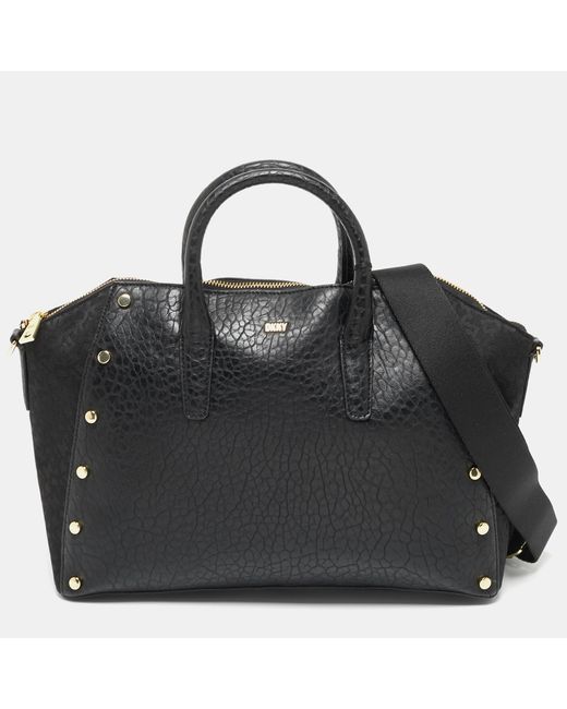 DKNY Black Signature Canvas And Leather Ewen Studded Satchel