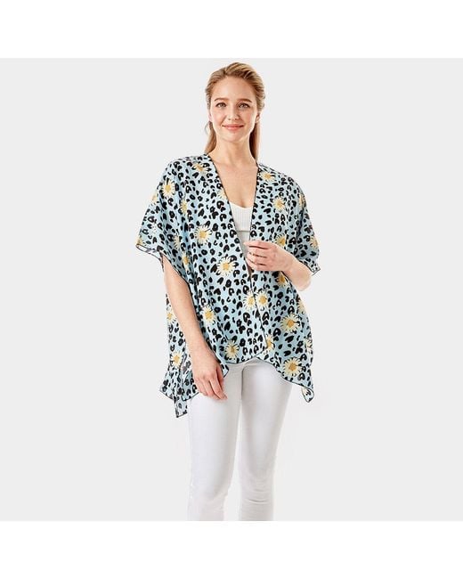 TRUEDAMES Blue Leopard Pattern Daisy Flower Print Cover Up Kimono Poncho