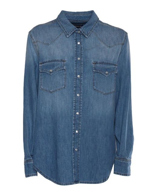 Dondup Blue Denim Shirt With Button-Up Front And Chest Pockets