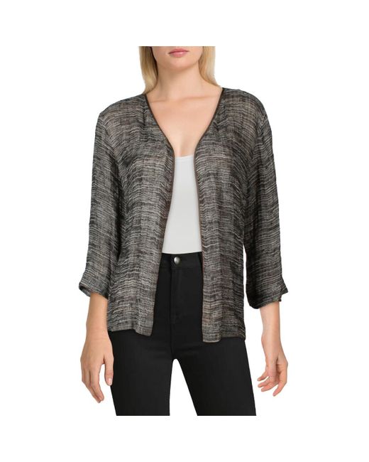 Eileen Fisher Black Organic Linen Open Front Collarless Blazer