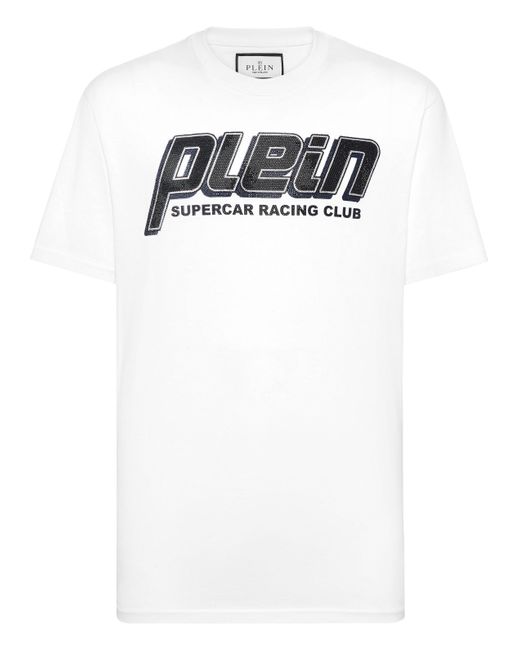 Philipp Plein White Jersey T-Shirt Round Neck Ss Strass Racing Club for men