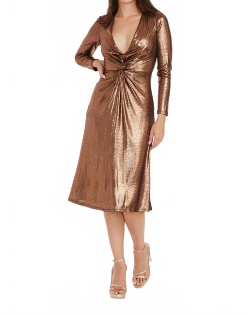 Dress the Population Daria Metallic Long Sleeve Fit & Flare Dress in Brown  | Lyst