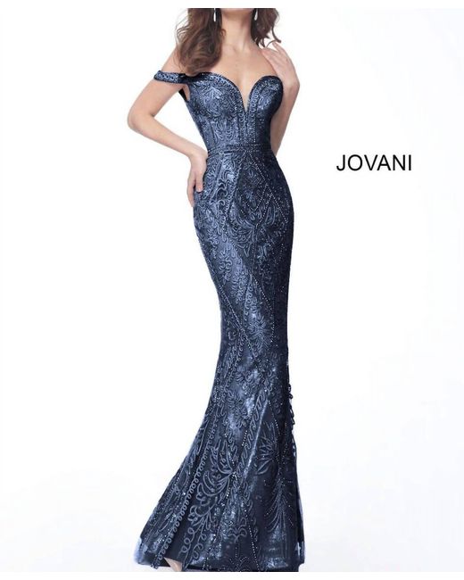 Jovani Blue Off The Shoulder Dress In Navy
