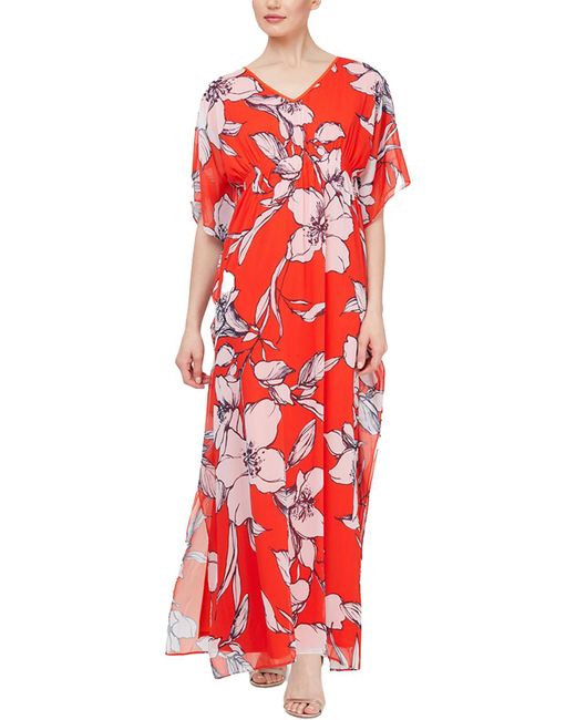SLNY Red Smocked Floral Print Maxi Dress