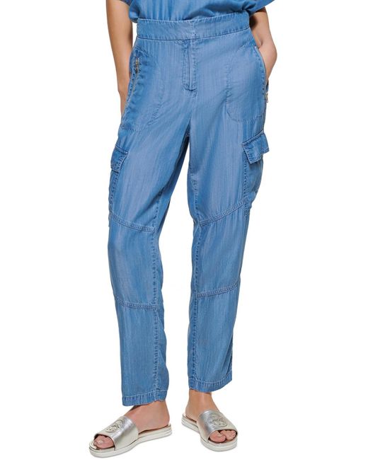 DKNY Blue High Rise Zip Pockets Cargo Pants