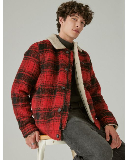 Lucky Brand Red Plaid Faux Shearling Lined Trucker Jacket for men