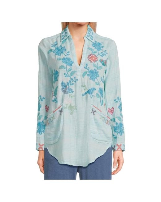 Johnny Was Blue Henley Popover Tunic Top