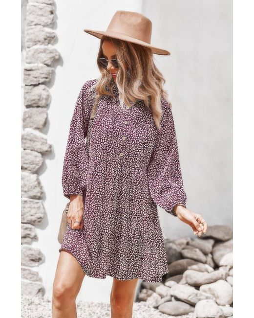 TRUEDAMES Purple Animal Print Button Down A Line Lantem Sleeve Dress
