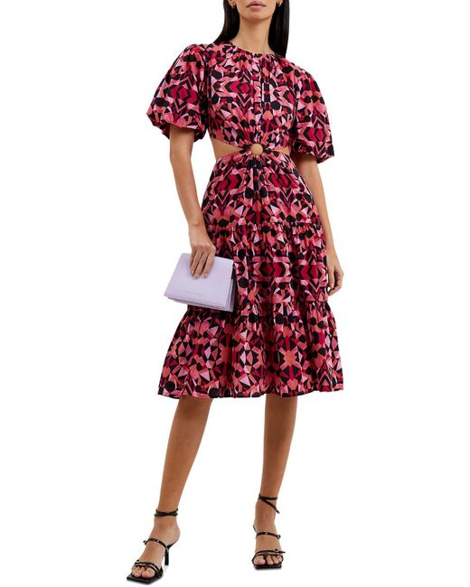 French Connection Red Felicity Cut-out Printed Midi Dress