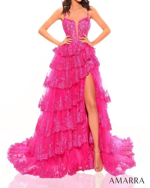 Amarra Women's Pink Glitter Tulle Sequin Ball Gown With Plunging Neckline