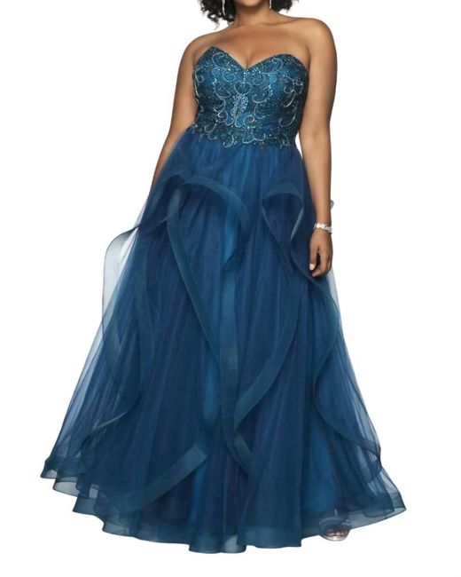 Blush Prom Blue Hand Beaded Tulle Strapless Ruffled Gown