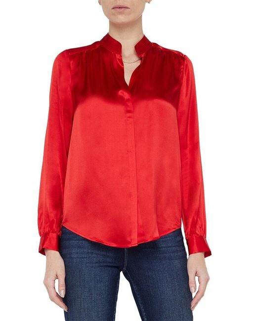 L'Agence Red Bianca Band Collar Silk Blouse