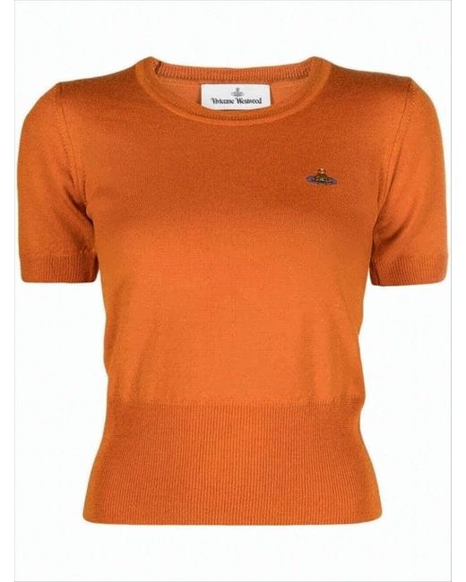 Vivienne Westwood Orange Fitted Short-Sleeved Wool Sweater With Embroidered Emblem