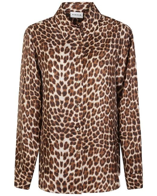 P.A.R.O.S.H. Brown Leopard Print Silk Shirt With Pointed Collar And Overfit Silhouette