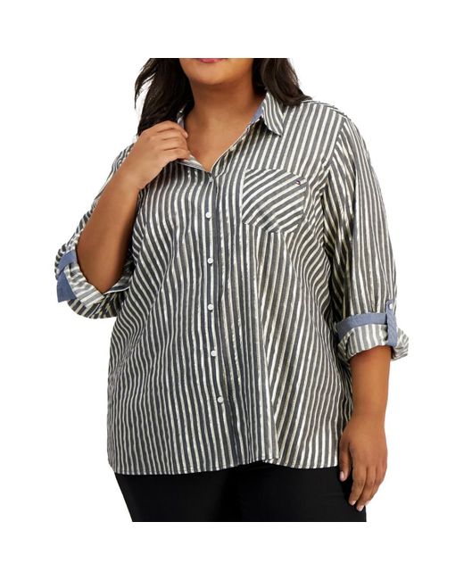 Tommy Hilfiger Gray Plus Shadow Stripe Lyocell Button-Down Top