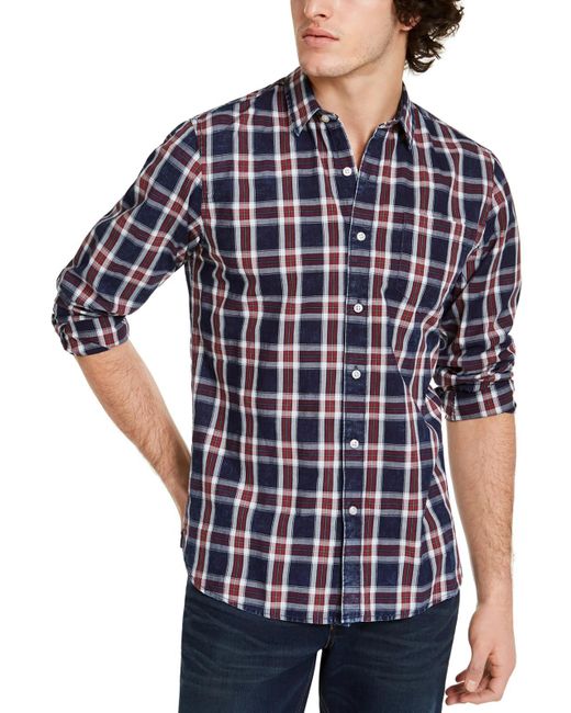 Sun & Stone Blue Plaid Cotton Button-down Shirt for men