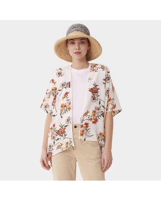 TRUEDAMES Pink Floral Print Lace Trim Kimono Poncho