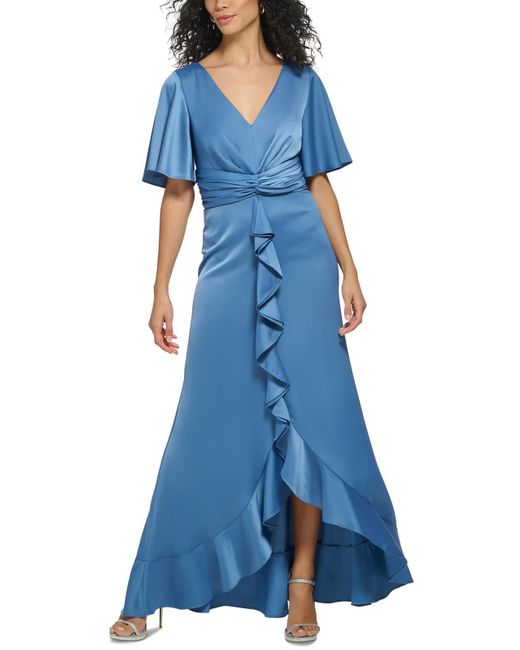 DKNY Blue Satin Flutter Sleeves Evening Dress