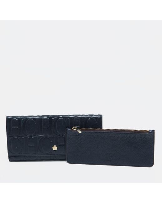 CH by Carolina Herrera Blue Navy Monogram Leather Flap Trifold Continental Wallet