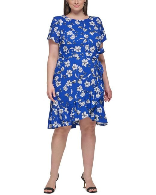 Calvin Klein Blue Plus Floral Print Polyester Sheath Dress