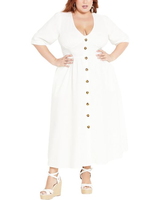 City Chic White Plus Button Linen Maxi Dress