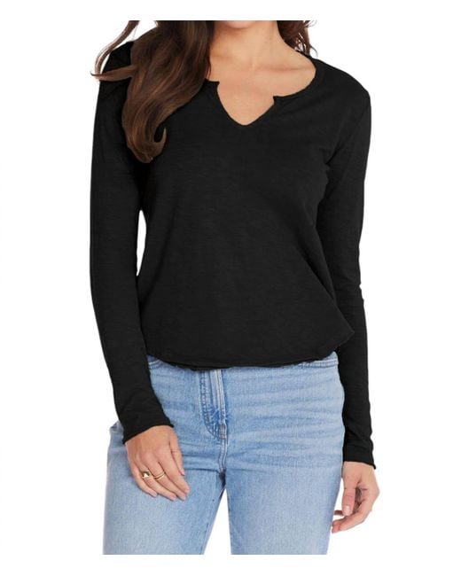 Bobi Black Split V-Neck Tee With Raw Cut Binding