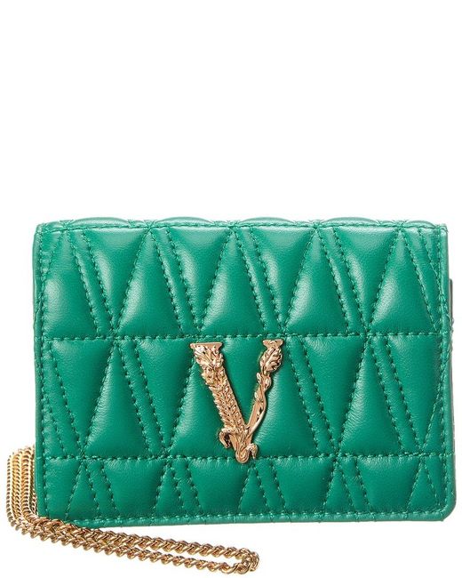 Versace Green Virtus Mini Leather Wallet On Chain