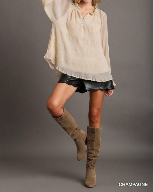Umgee Gray Charmaine Tiered Crinkle V-Neck Blouse
