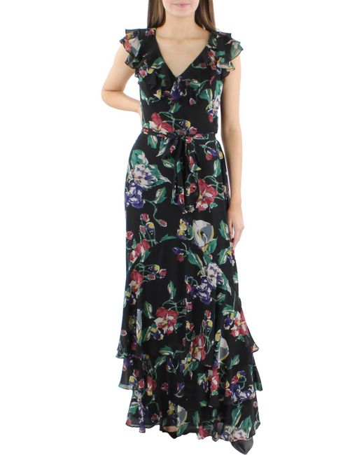 Lauren by Ralph Lauren Black Georgette Floral Print Maxi Dress