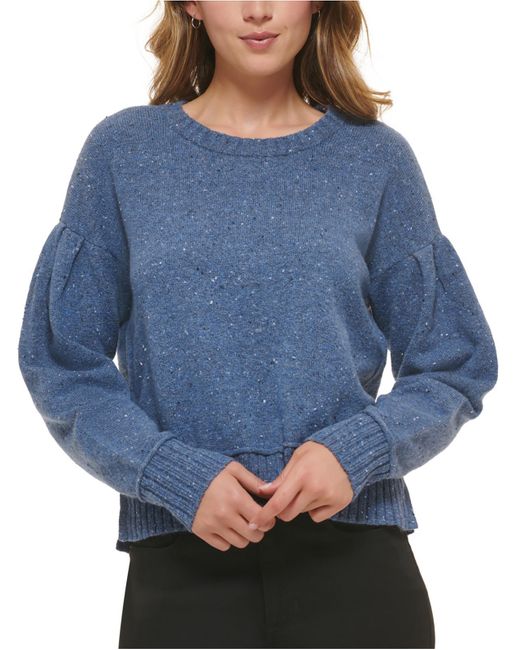 DKNY Blue Ribbed Trim Puff Sleeve Crewneck Sweater