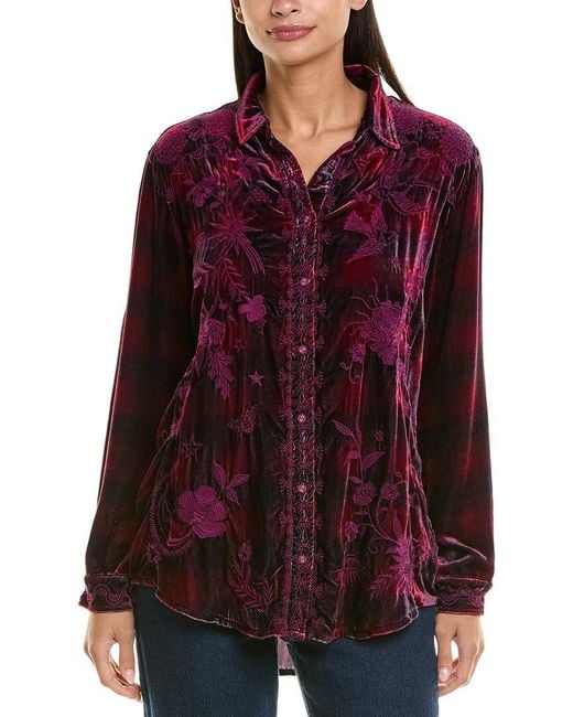 Johnny Was Red Velvet Oversized Silk-Blend Shirt