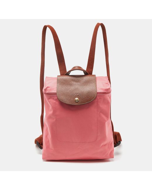 Longchamp Pink /brown Nylon And Leather Le Pliage Backpack