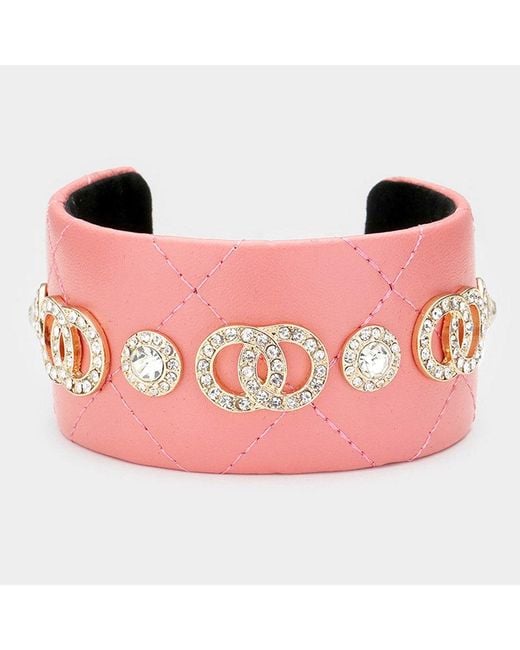 Fashnzfab Pink Rhinestone Embellished Double Open Circle Link Cuff Bracelet Clear