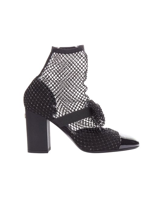 Chanel White 2023 Resille 90 Black Crystal Fishnet Bow Silver Cc Sock Boots