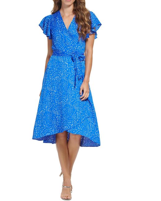 DKNY Blue Faux Wrap Printed Midi Dress