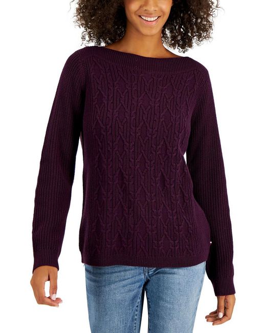 Tommy Hilfiger Cable Knit Boat Neck Pullover Sweater in Purple | Lyst