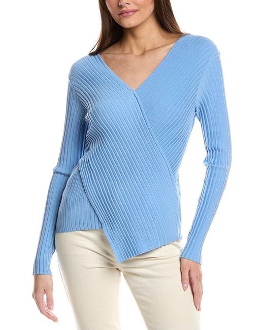 Lafayette 148 New York Blue Wrapped Front V-Neck Silk-Blend Sweater