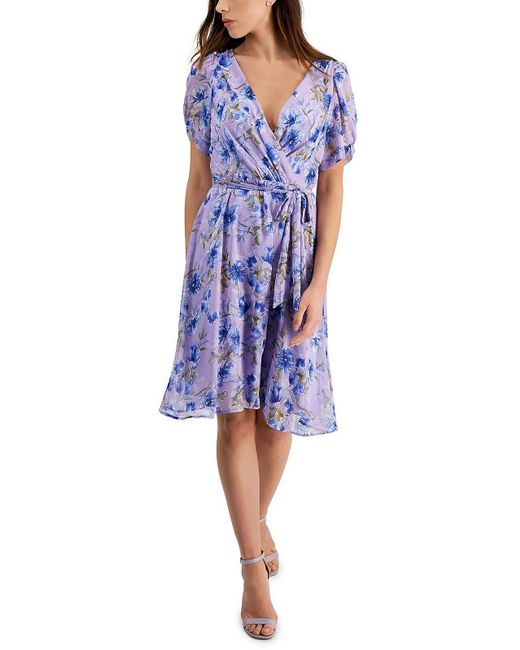 Connected Apparel Blue Chiffon Floral Cocktail And Party Dress
