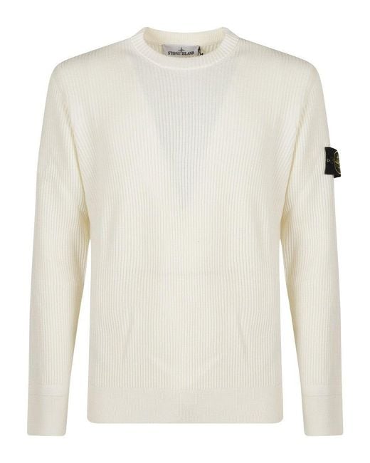 Stone Island Men's White Ribbed Knit Sweater With Crew Neckline