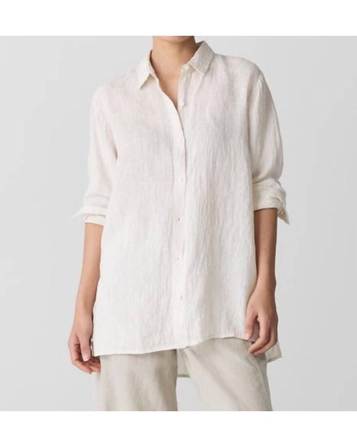 Eileen Fisher White Puckered Linen Stripe Classic Collar Shirt