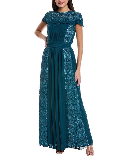 Tadashi Shoji Blue Pleated Lace Panel Gown