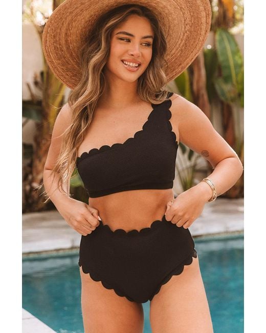 TRUEDAMES Black Solid Scalloped One-Shoulder Bikini
